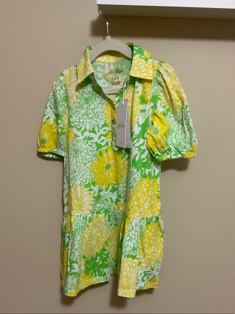 Lilly Pulitzer Yellow & Green Floral Polo Dress with Puff Sleeves